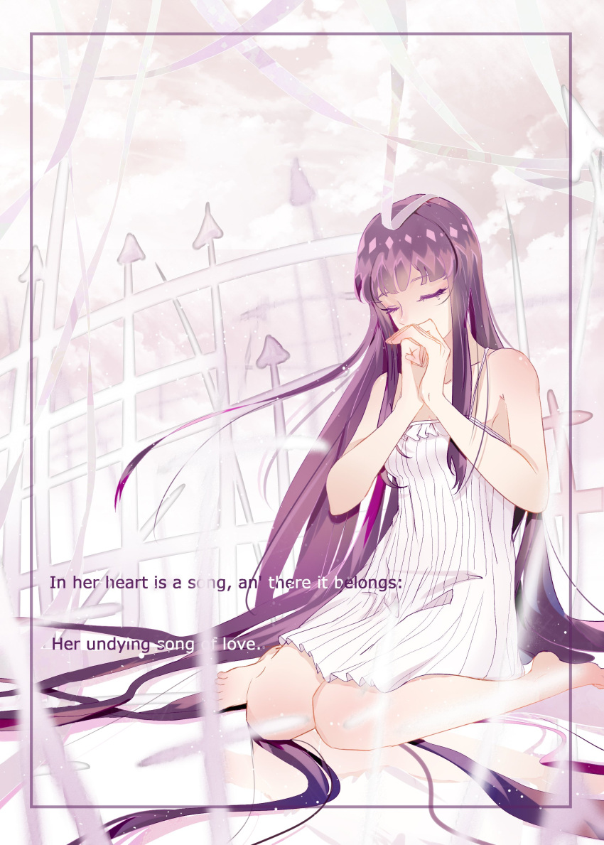 1girl, absurdly_long_hair, absurdres, barefoot, classicaloid, closed_eyes, clouds, dress, english_text, fence, full_body, hair_spread_out, highres, kneeling, long_hair, outdoors, purple_hair, solo, tekla_badarzewska-baranowska_(classicaloid), very_long_hair, white_dress, yutsuki_(enmo)