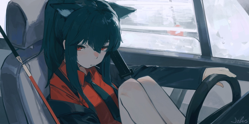 1girl, 1solis000, animal_ears, arknights, black_hair, black_necktie, car_interior, closed_mouth