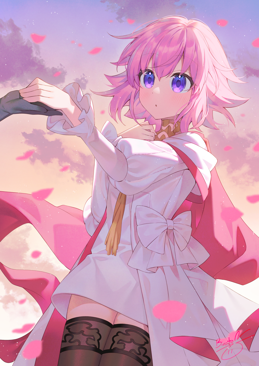 1girl, 1other, :o, binato_lulu, blush, bow, brown_thighhighs, cape