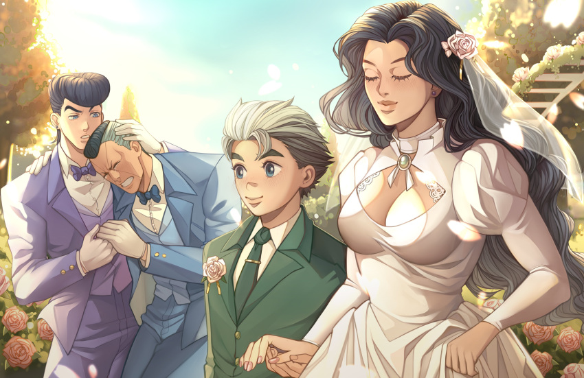 1girl, 3boys, absurdres, black_hair, blue_bow, blue_bowtie, blue_eyes, blue_suit, blue_vest, blush, bow, bowtie, breasts, bridal_veil, bride, choker, cleavage_cutout, closed_eyes, clothing_cutout, comforting, confused, couple, crying, diamond_wa_kudakenai, dress, earrings, facial_mark, flattop, flower, flower_on_chest, flower_on_head, formal_clothes, gloves, green_necktie, green_suit, grey_hair, groom, hair_flower, hair_ornament, hair_slicked_back, height_difference, higashikata_josuke, highres, hirose_koichi, holding_hands, idinahui_pls, jewelry, jojo_no_kimyou_na_bouken, long_hair, multicolored_hair, multiple_boys, nail_polish, necktie, nijimura_okuyasu, pompadour, puffy_sleeves, purple_bow, purple_bowtie, purple_suit, purple_vest, raised_eyebrow, rose, short_hair, smile, suit, thick_eyebrows, tuxedo, two-tone_hair, veil, vest, wavy_hair, wedding, wedding_dress, wedding_suit, white_choker, white_dress, white_flower, white_gloves, white_rose, yamagishi_yukako