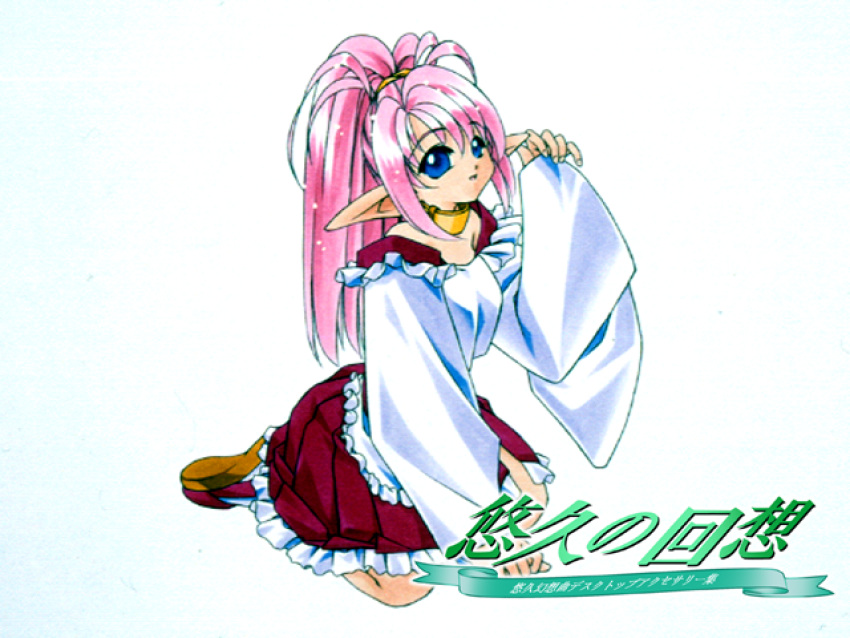 1girl, apron, arm_up, atelier-moo, blue_eyes, collar, copyright_name, elf