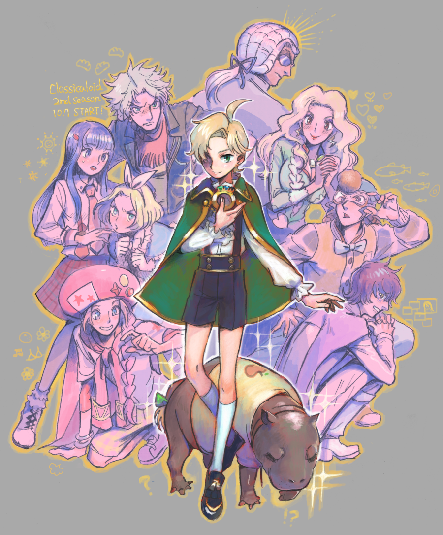 3girls, 6+boys, antonin_dvorak_(classicaloid), black_shorts, blonde_hair, blue_ribbon, bow, braid