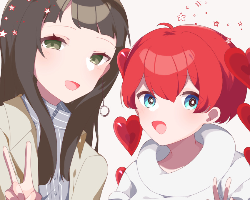 2girls, artist_request, atlus, blue_eyes, brown_hair, ear_ornament, female, green_eyes