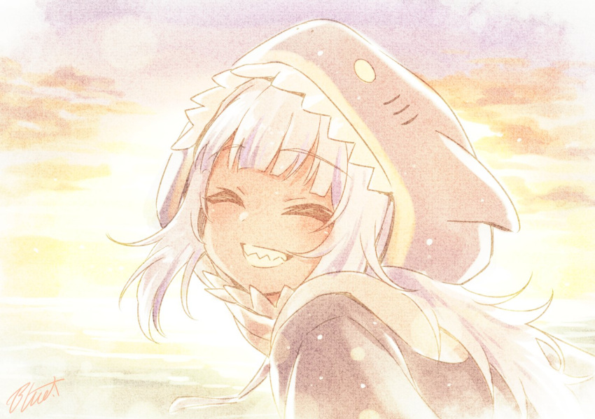 1girl, animal_hood, backlighting, blue_hair, buru-dai, closed_eyes, commentary, film_grain