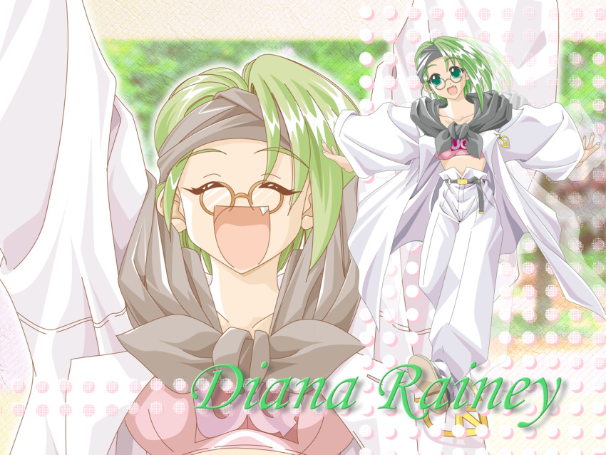 1girl, arm_up, arms_up, atelier-moo, belt, black_cape, black_headband, breasts, cape, character_name, closed_eyes, collarbone, diana_rainey, fang, full_body, glasses, green_eyes, green_hair, headband, lab_coat, long_sleeves, looking_at_viewer, medium_breasts, medium_hair, open_clothes, open_mouth, outstretched_arms, polka_dot, shirt, shoes, smile, solo, standing, upper_body, wide_sleeves, yuukyuu_gensoukyoku