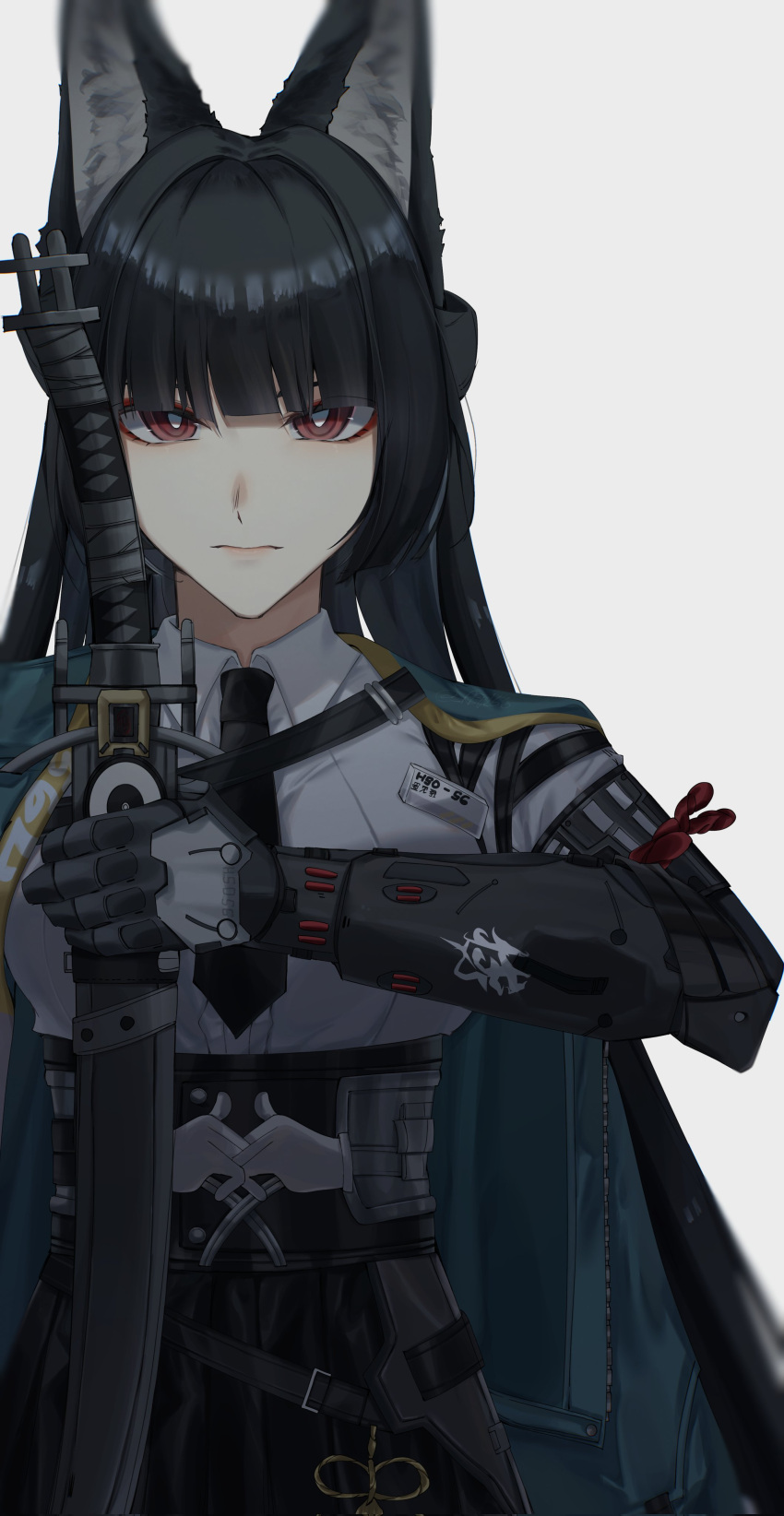 1girl, 4reiji, absurdres, animal_ear_fluff, animal_ears, black_hair, black_necktie, black_sash, black_skirt, blunt_bangs, blunt_sidelocks, breasts, bright_pupils, closed_mouth, collared_shirt, cowboy_shot, eyeliner, fox_ears, fox_girl, green_jacket, hashtag-only_commentary, highres, holding, holding_sword, holding_weapon, hoshimi_miyabi, jacket, large_breasts, long_hair, looking_at_viewer, makeup, necktie, prosthesis, prosthetic_arm, red_eyeliner, red_eyes, sash, shirt, skirt, solo, sword, weapon, white_pupils, white_shirt, zenless_zone_zero