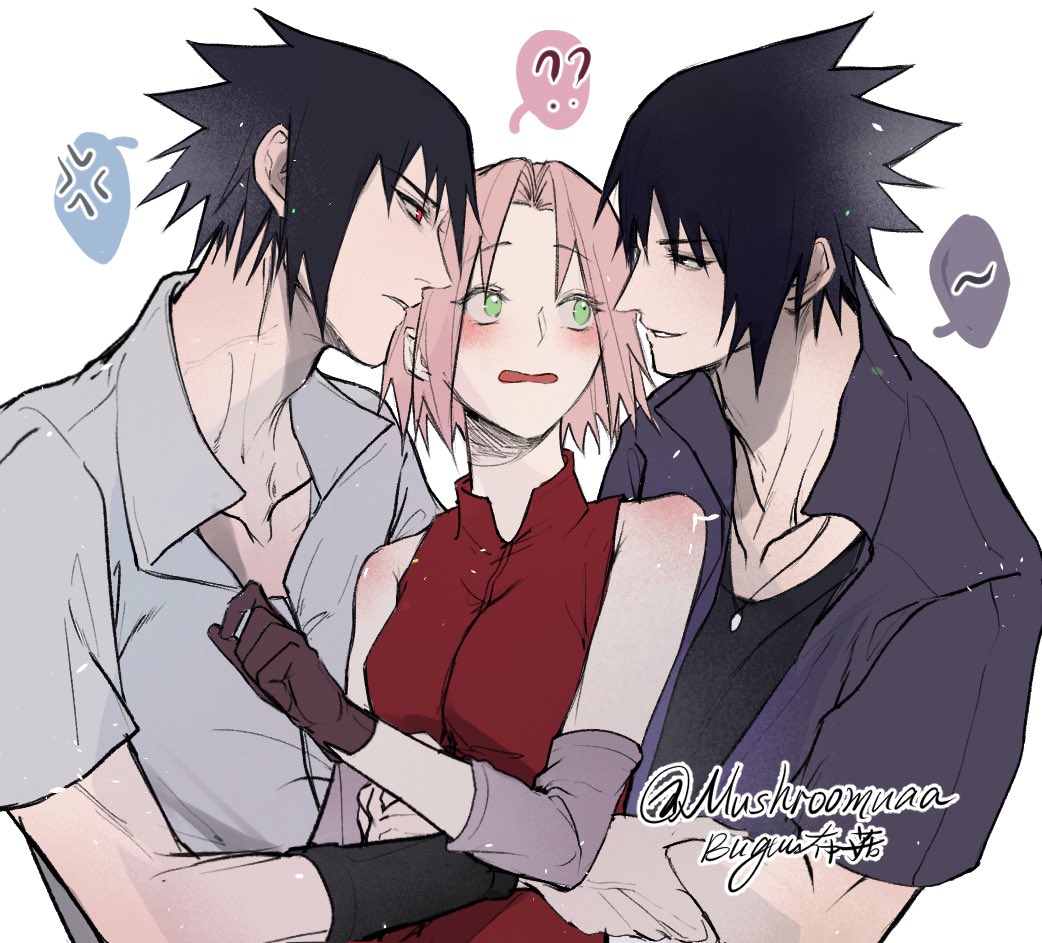 1boy, 1girl, alternate_persona, black_eyes, black_hair, blush, gloves, green_eyes, grey_shirt, haruno_sakura, hetero, hug, jewelry, mushroomuaa, naruto_(series), naruto_shippuuden, pink_hair, purple_shirt, red_eyes, red_shirt, sandwiched, sharingan, shirt, short_hair, spiky_hair, uchiha_sasuke, upper_body, white_background