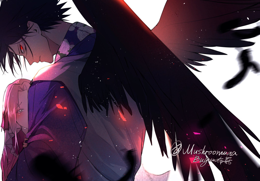 1boy, 1girl, black_hair, black_wings, crying, crying_with_eyes_open, feathers, from_behind