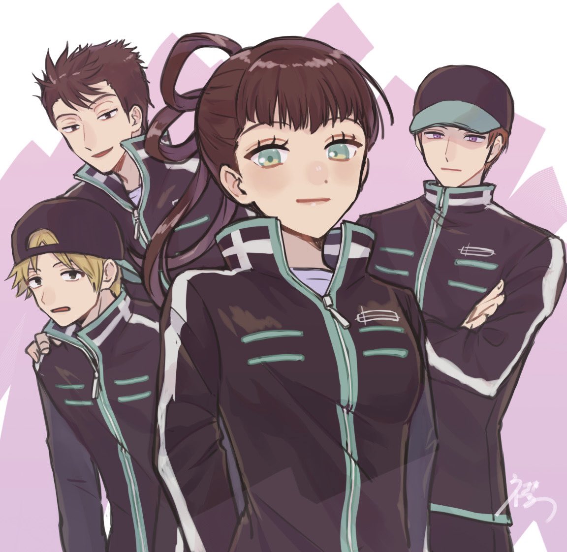 1girl, 3boys, arafune_squad's_uniform, arafune_tetsuji, backwards_hat, black_eyes, black_hair, black_hat