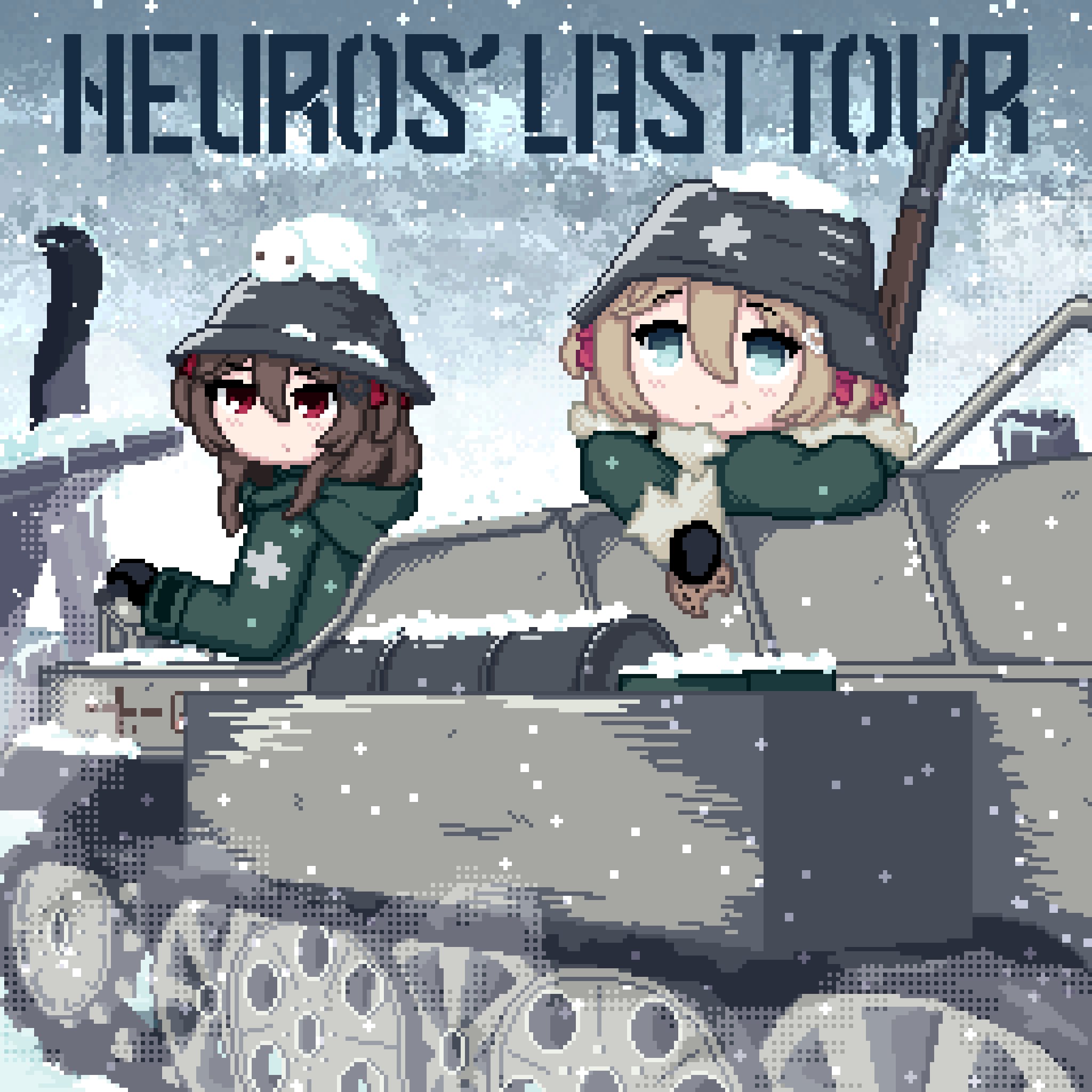 2girls, alternate_costume, black_gloves, blue_eyes, blush, brodie_helmet, broken_heart_hair_ornament, brown_hair