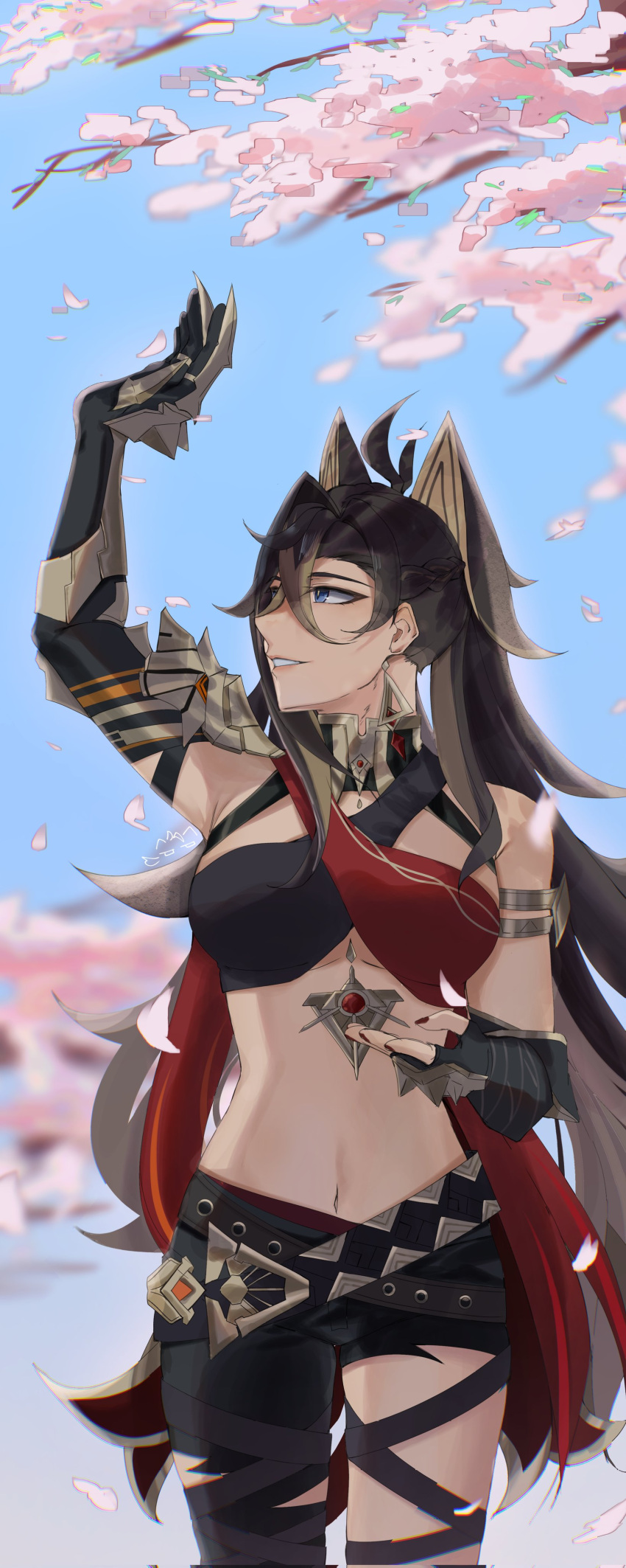 1girl, 4reiji, absurdres, antenna_hair, arm_armor, arm_up, bandeau, bare_shoulders