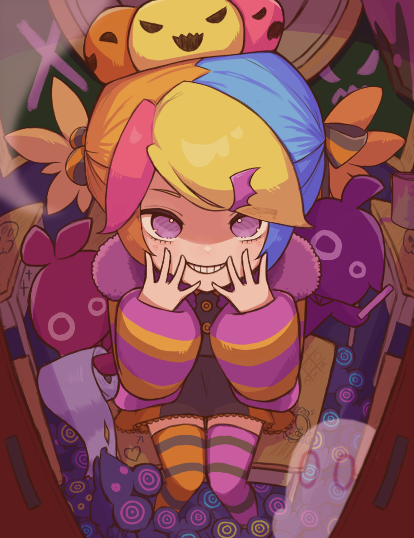 1girl, 2others, asymmetrical_legwear, black_bow, black_dress, black_stripes, blonde_hair, blue_hair