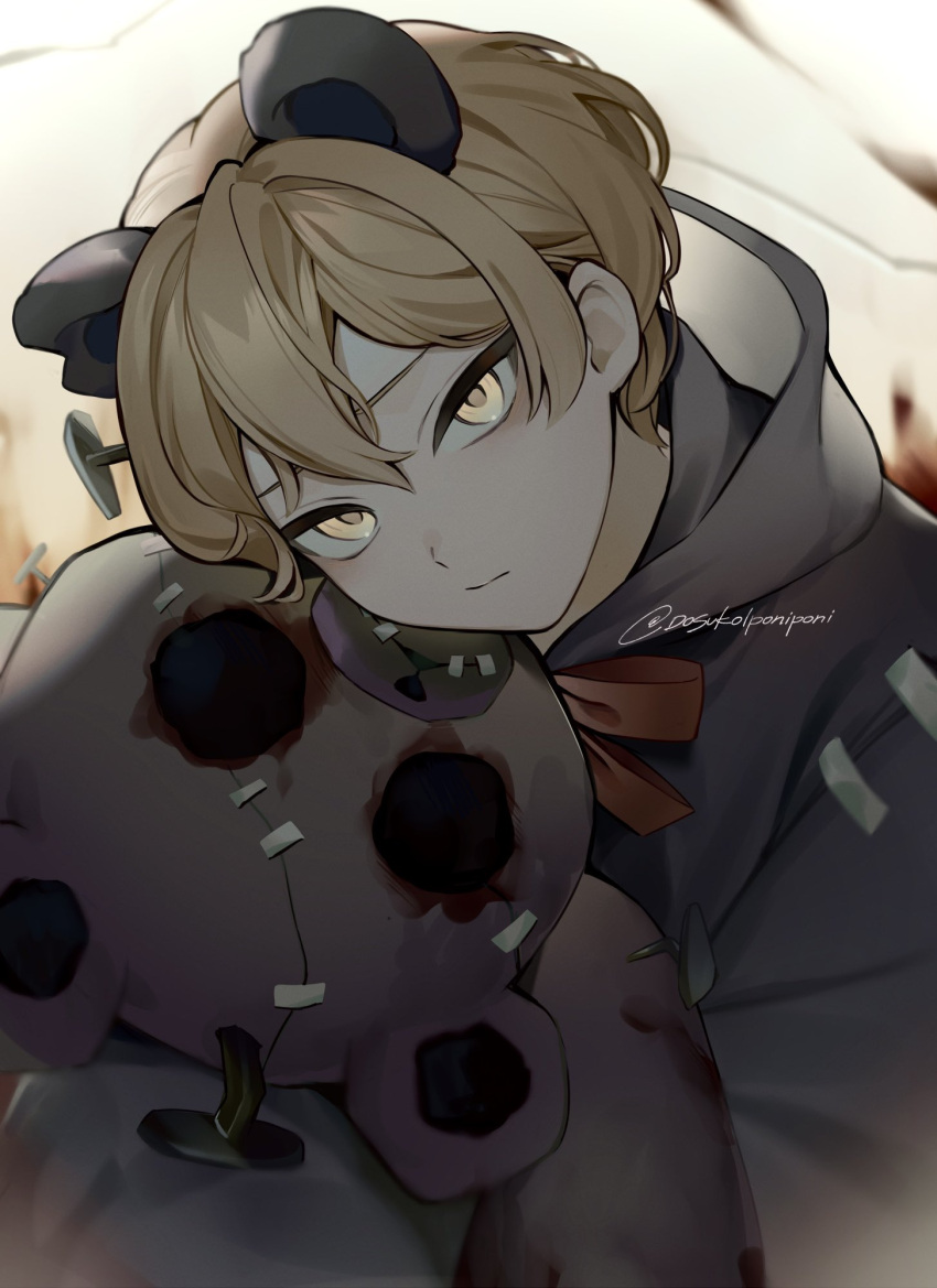 1boy, animal_ears, bear_ears, blonde_hair, blood, bow, bowtie, closed_mouth, dosukoiponiponi, e.g.o_(project_moon), expressionless, grey_jacket, hex_nail_(e.g.o), highres, hood, hooded_jacket, hurting_teddy_bear, jacket, limbus_company, looking_at_viewer, male_focus, nail_(hardware), project_moon, red_bow, red_bowtie, sinclair_(project_moon), solo, stitches, stuffed_animal, stuffed_toy, teddy_bear, yellow_eyes