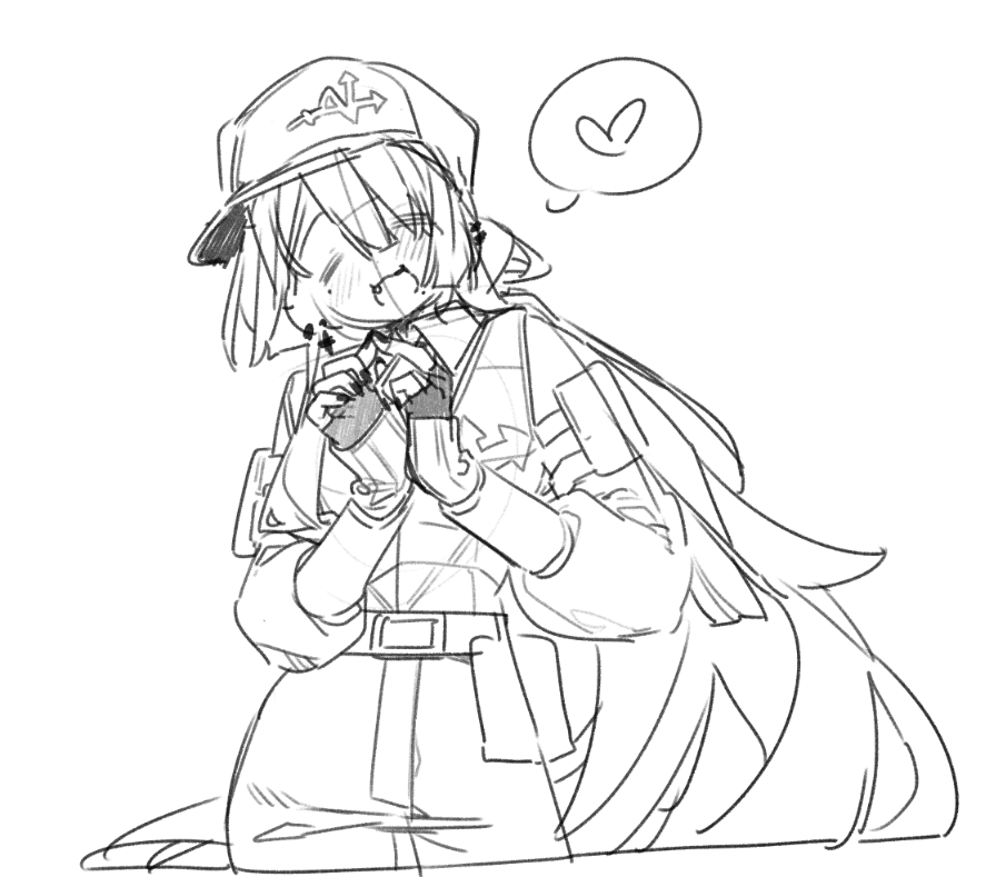 1girl, :3, baseball_cap, belt, belt_pouch, blush, closed_eyes, cowboy_shot