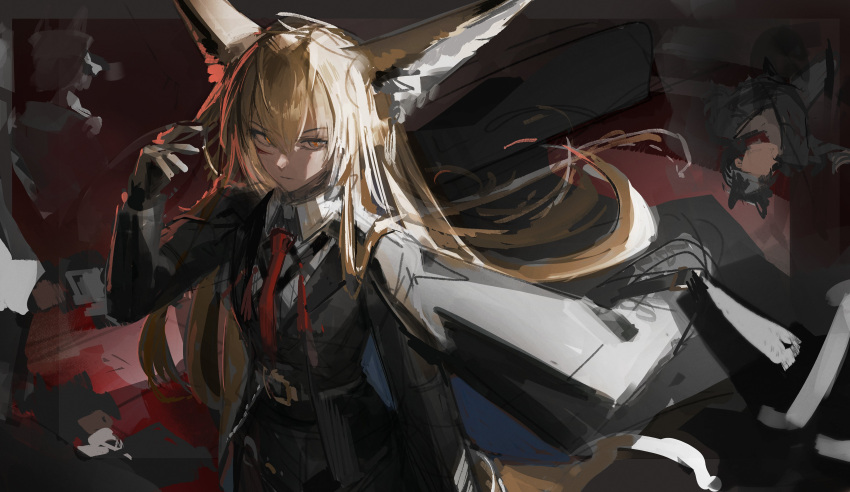 absurdres, animal_ears, arknights, blonde_hair, bodysuit, chromatic_aberration, commentary_request, hand_up