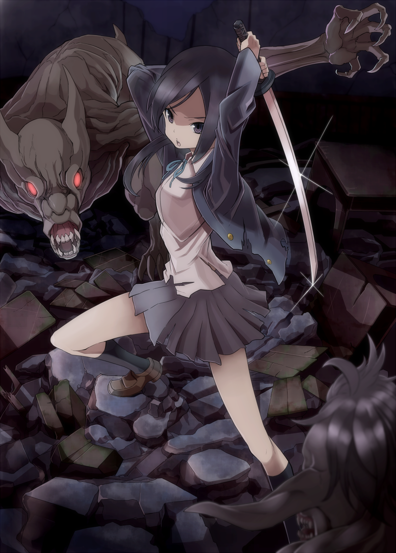 arms_up, bad_id, bat, bat_wings, battle, black_eyes, black_hair, blazer, blood+, blurry, chiropteran, depth_of_field, extra, fang, fighting_stance, hajime_(hajime-ill-1st), k-on!, katana, long_hair, monster, otonashi_saya, pleated_skirt, pointy_ears, red_eyes, rock, ruins, satou_akane, school_uniform, skirt, sparkle, standing, sword, torn_clothes, vampire, weapon, wings