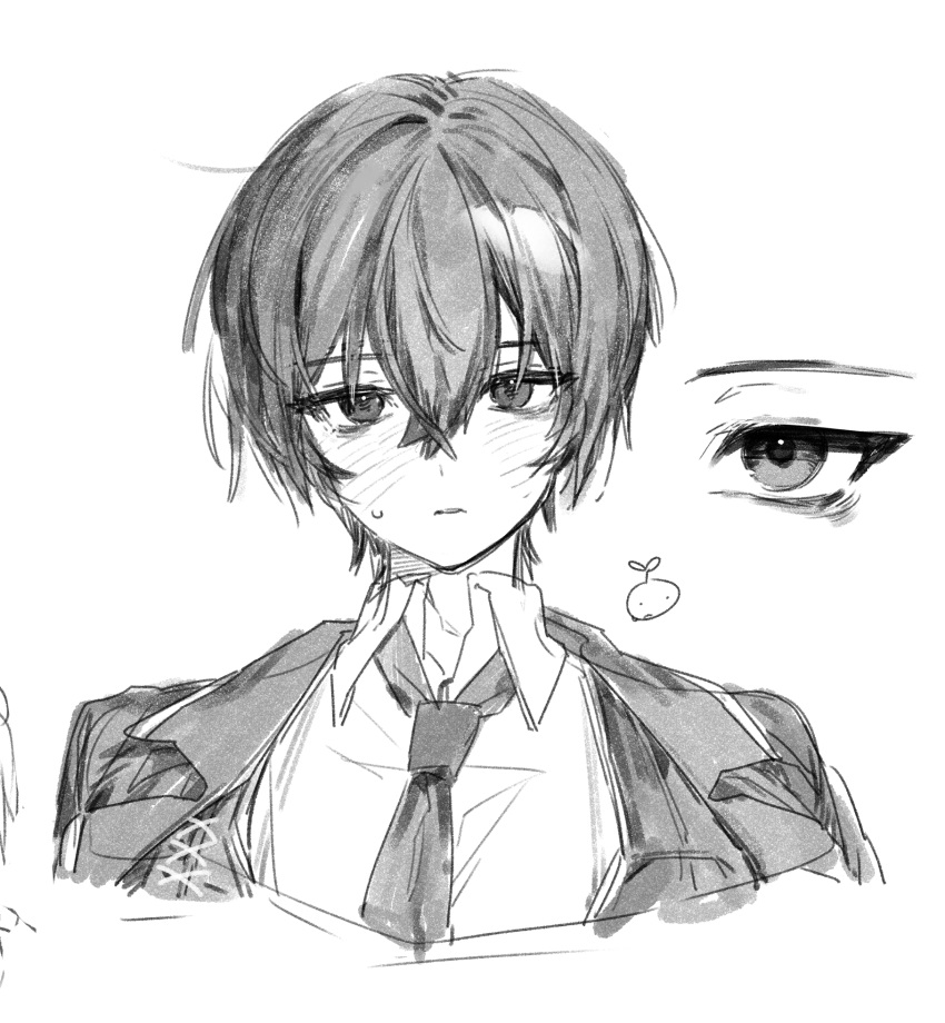 1boy, blush, coat, collared_shirt, commentary_request, greyscale, highres, korean_commentary