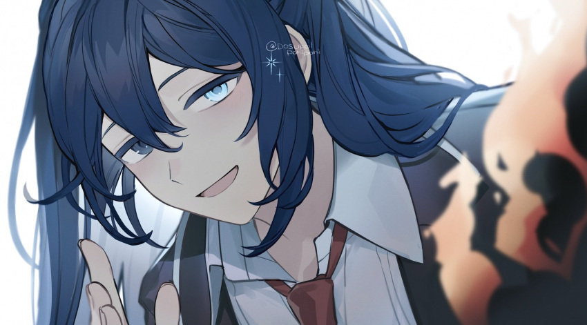 1boy, 1other, aqua_eyes, black_eyes, black_hair, collared_shirt, commentary_request, dante_(limbus_company)