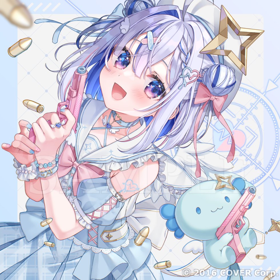 1girl, :d, amane_kanata, angel_wings, back_bow, blue_collar, blue_dress, blue_hair
