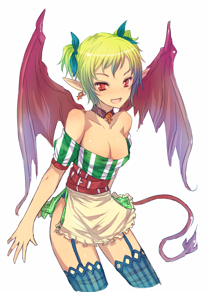 1girl, bat_wings, breasts, cleavage, color_(artist), copyright_request, cropped_legs, demon_girl