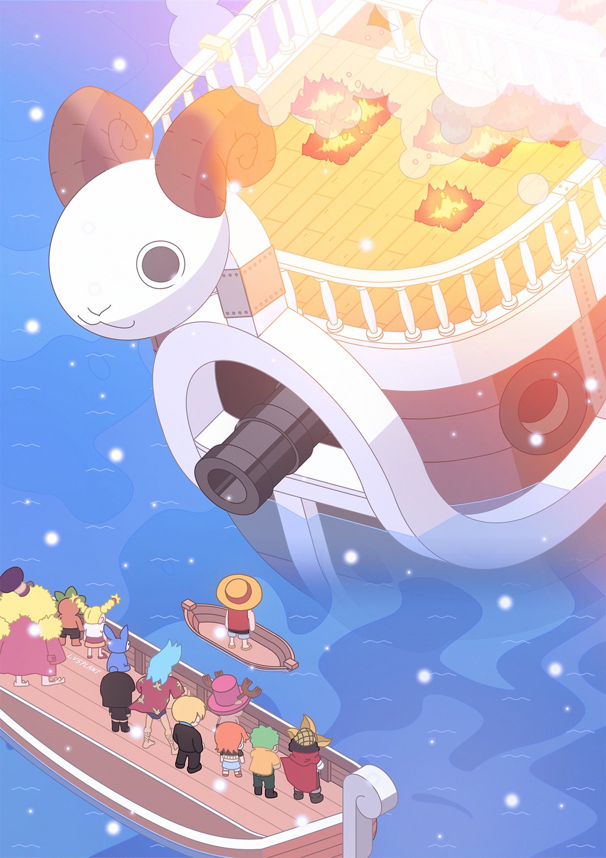 4girls, 6+boys, back, blue_hair, boat, chimney_(one_piece), commentary, fire
