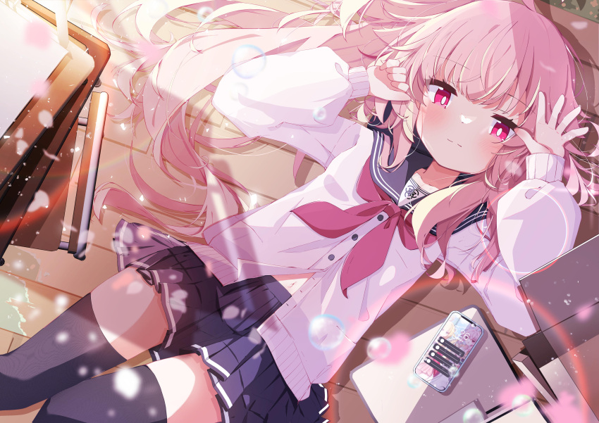 1girl, absurdres, ayahosiyuki, black_thighhighs, blue_archive, blue_sailor_collar, blue_skirt, cellphone