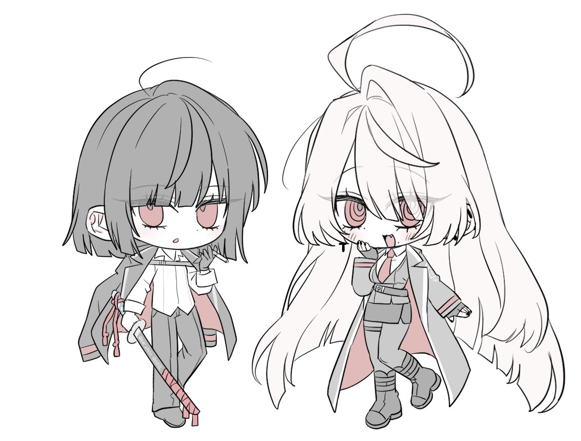 2girls, :3, ahoge, artist_request, black_boots, black_hair, black_pants, black_skirt