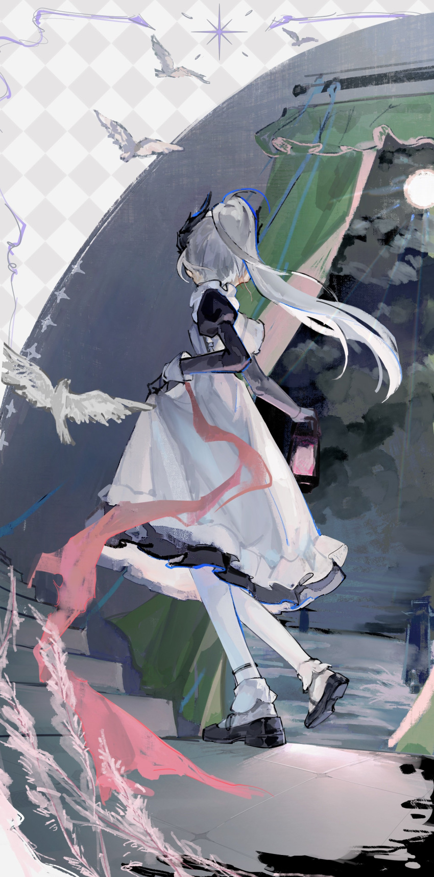 1girl, absurdres, ambience_synesthesia, animal, apron, arknights, bird, black_dress