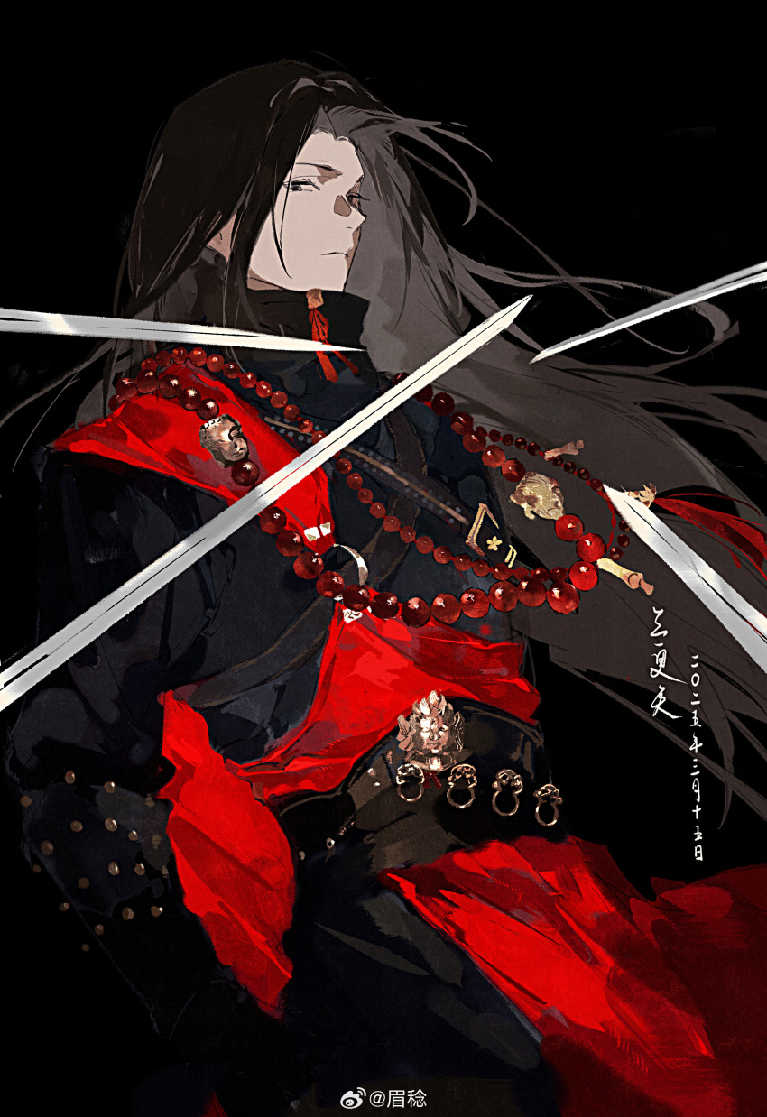 1boy, absurdres, beads, belt, black_background, black_eyes, black_hair, black_shirt