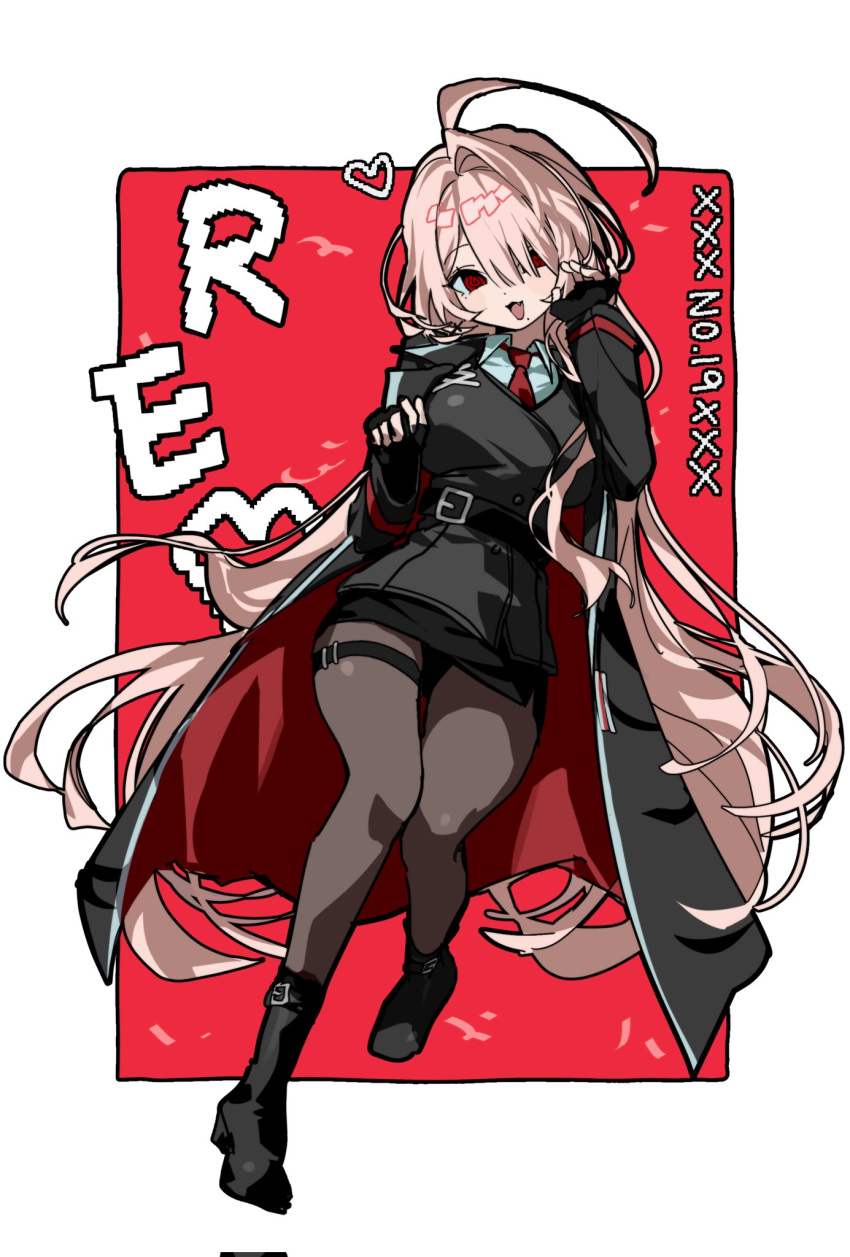 1girl, :3, ahoge, artist_request, black_boots, black_coat, black_gloves, black_skirt