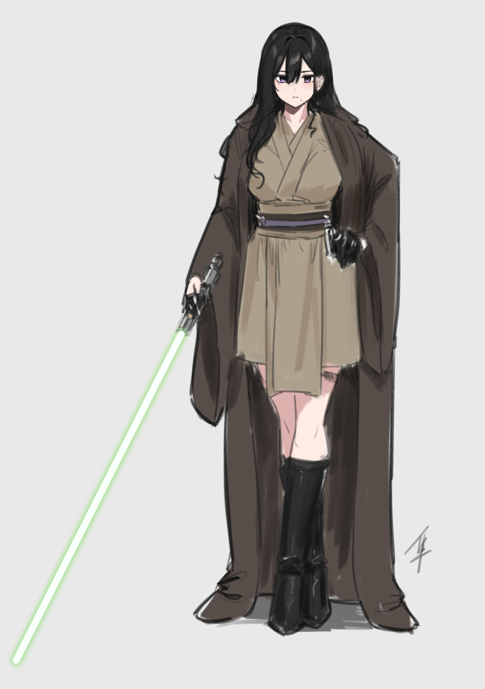 1girl, black_boots, black_hair, boots, breasts, brown_cape, brown_robe, cape