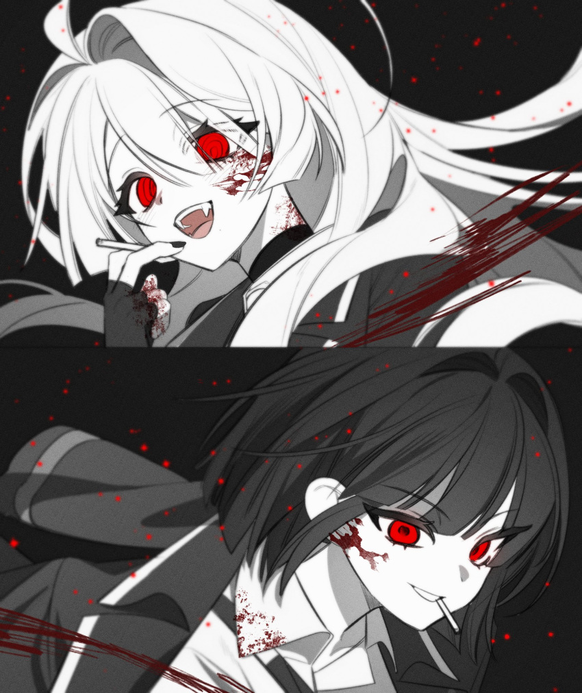 2girls, ahoge, blood, blood_on_clothes, blood_on_face, collared_shirt, fingerless_gloves, gloves