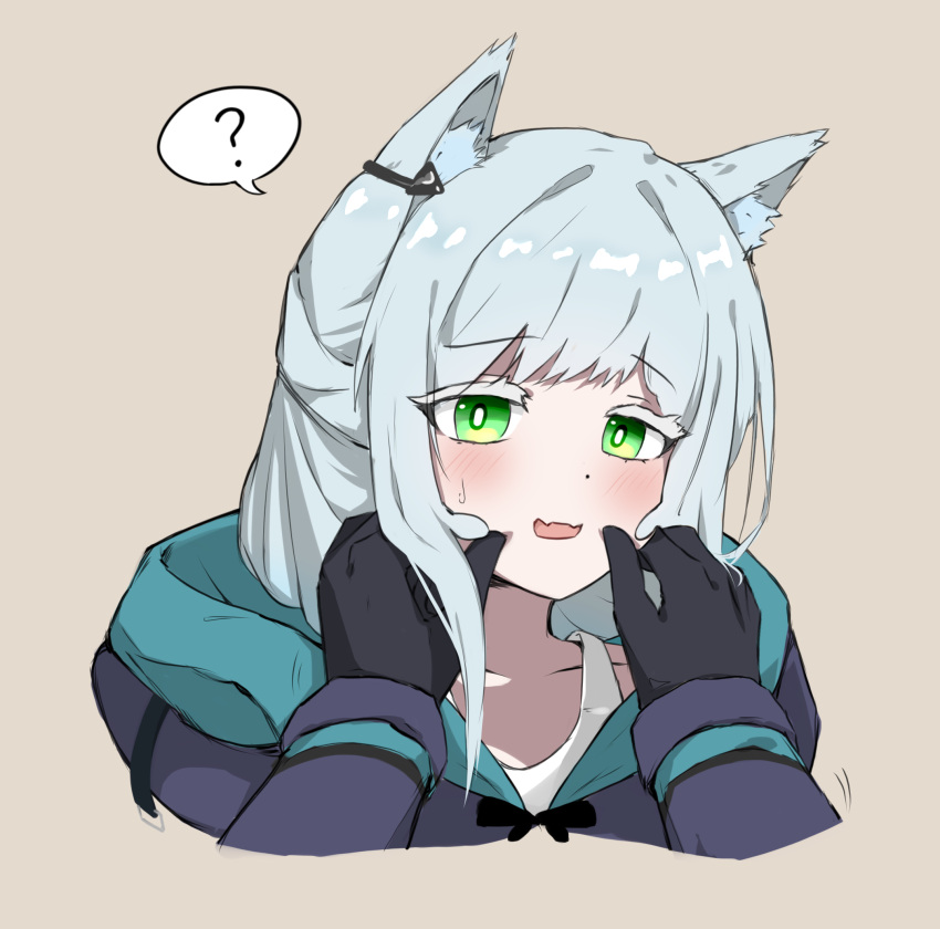 1girl, ?, animal_ear_fluff, arknights, black_gloves, blush, bright_pupils, brown_background