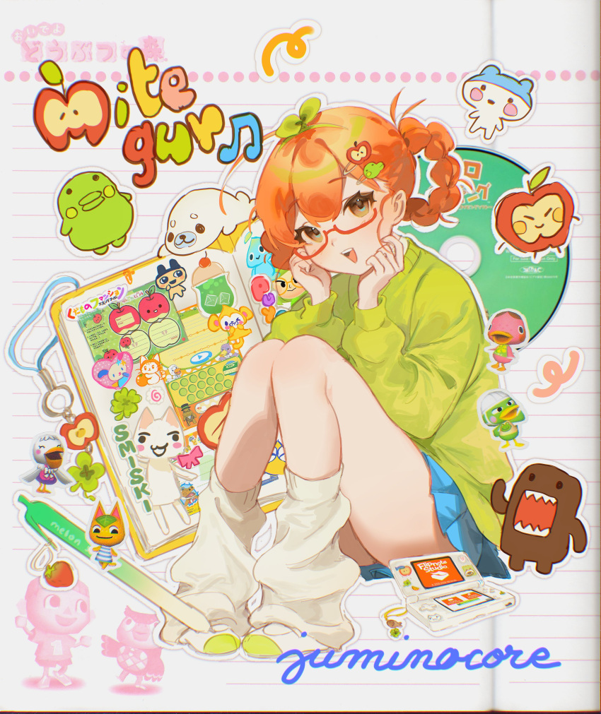 1girl, :d, absurdres, ahoge, alfonso_(animal_crossing), animal_crossing, apple_hair_ornament, blathers_(animal_crossing)