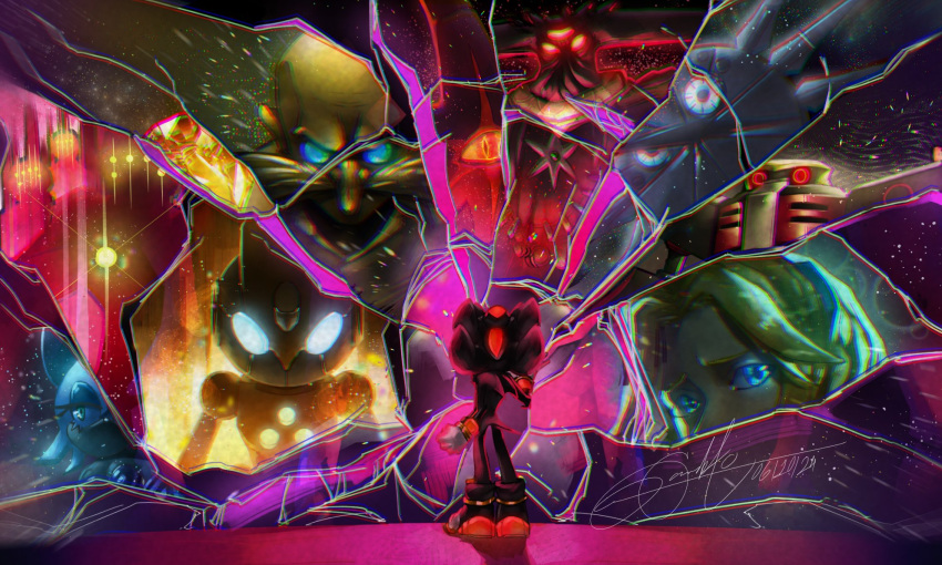 2boys, 2girls, 3others, animal_ears, animal_nose, armor, bald, beard, black_doom, black_fur, blonde_hair, blue-tinted_eyewear, blue_eyes, body_fur, broken_glass, colored_sclera, commentary, crack, e-123_omega, emerl_(sonic), facial_hair, from_behind, full_body, furry, furry_female, furry_male, garabatako, gem, gerald_robotnik, glass, gloves, glowing, glowing_eyes, hand_up, highres, jewelry, long_hair, looking_at_viewer, maria_robotnik, multiple_boys, multiple_girls, multiple_others, mustache, red_eyes, red_fur, red_shoes, robot, rouge_the_bat, shadow_the_hedgehog, shoes, signature, smile, sonic_(series), sonic_generations, sonic_x_shadow_generations, space, space_colony_ark, standing, star_(sky), teeth, tinted_eyewear, two-tone_fur, white_gloves