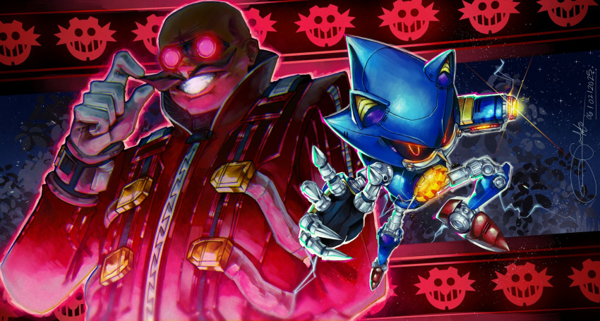 1boy, 1other, android, animal_ears, arm_cannon, bald, commentary, dr._eggman, eggman_empire_logo, facial_hair, garabatako, glasses, gloves, glowing, glowing_eyes, grin, hedgehog, highres, humanoid_robot, jacket, joints, male_focus, metal_sonic, mustache, red_eyes, red_jacket, robot, robot_joints, smile, sonic_(series), weapon, white_gloves