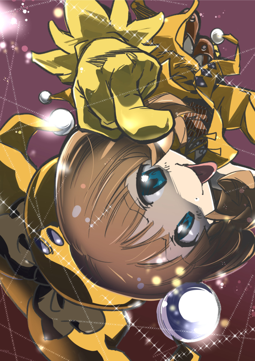 1girl, blue_eyes, brown_hair, gloves, hat, highres, index_finger_raised, jester_cap
