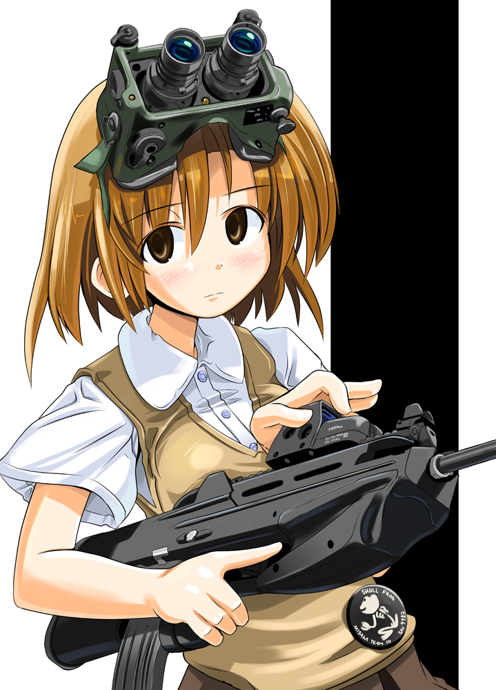 badge, brown_eyes, brown_hair, bullpup, excel_(artist), f2000, fn_f2000, goggles