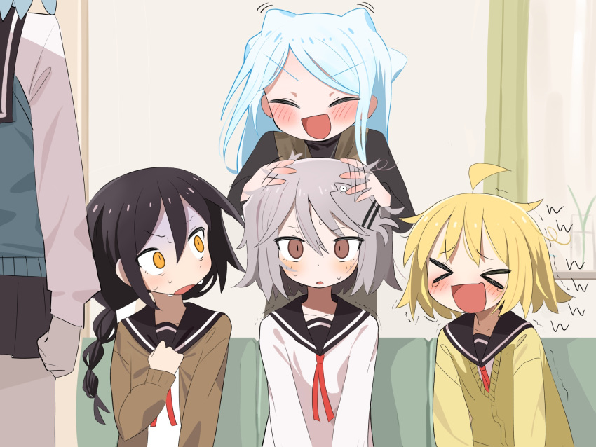 >_<, 5girls, :d, agoshi_sakina, black_hair, black_sailor_collar, blonde_hair, blue_hair