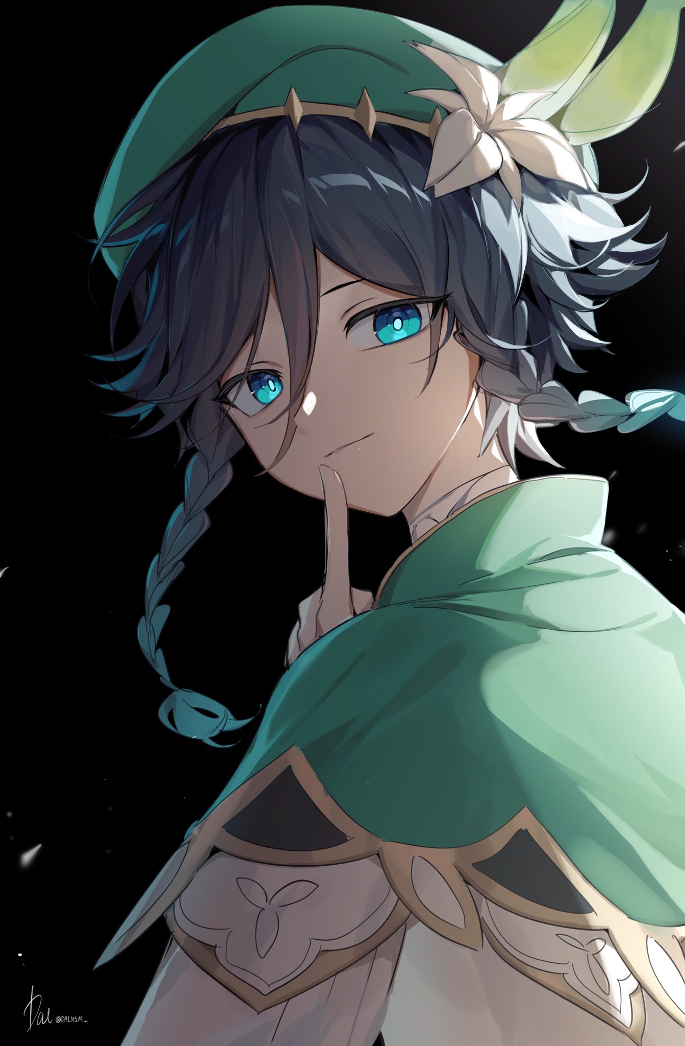 1boy, androgynous, aqua_eyes, artist_name, beret, black_background, black_hair, blue_hair