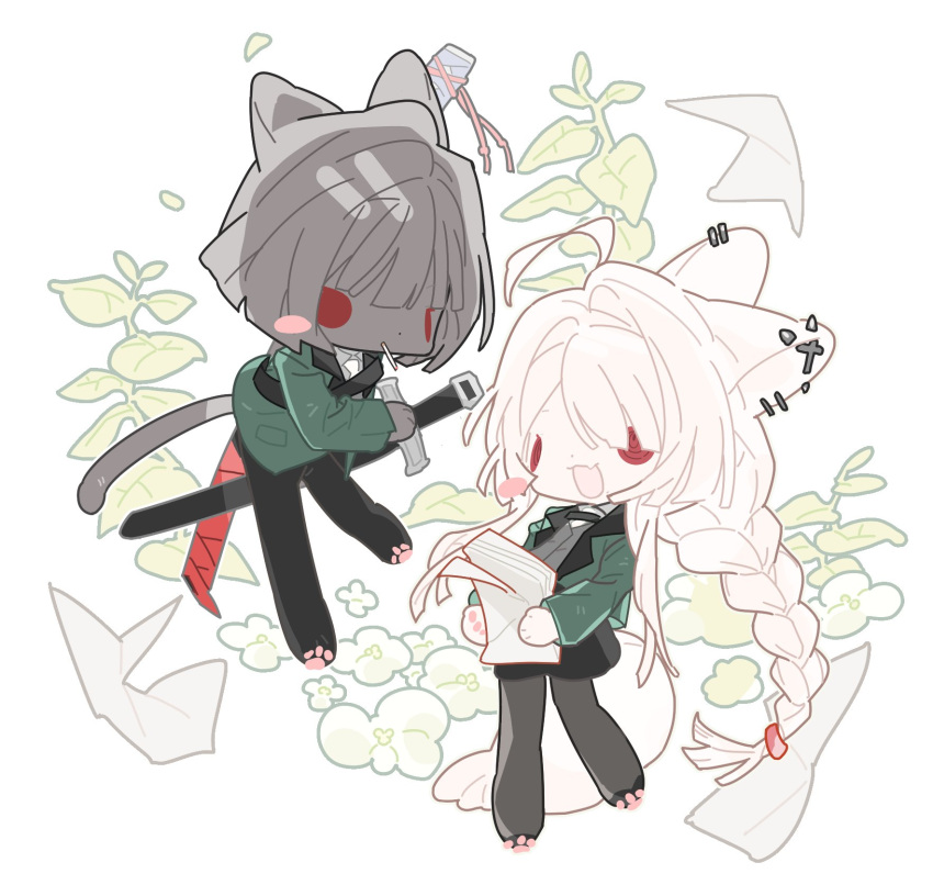 2girls, :3, artist_request, black_hair, black_jacket, bob_cut, braid, cat_girl, check_artist, ear_piercing, full_body, furrification, furry, green_jacket, highres, holding, holding_paper, jacket, limbus_company, long_hair, multiple_girls, ootachi, open_mouth, original, paper, piercing, project_moon, red_eyes, reo_(rw0419), rw0419, ryoshu_(project_moon), short_hair, sidelocks, smile, very_long_hair, white_hair