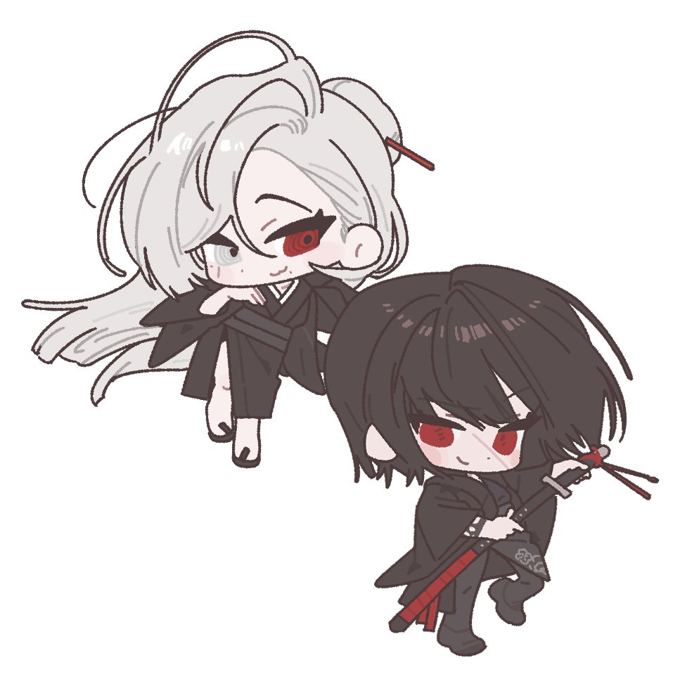 2girls, :3, artist_request, black_hair, black_kimono, black_pants, black_shoes, bob_cut