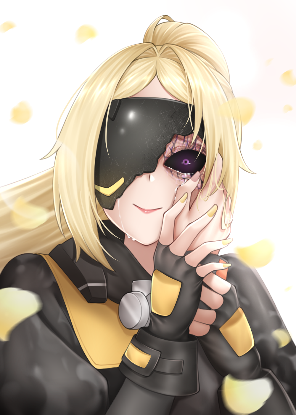 1boy, 1girl, black_blindfold, black_sclera, blindfold, blonde_hair, broken_mask, closed_mouth, colored_sclera, commentary, crying, crying_with_eyes_open, english_commentary, eye_mask, fingerless_gloves, gloves, hand_grab, highres, long_hair, long_sleeves, mask, popcornflakes, smile, solo_focus, tears, trigger_(zenless_zone_zero), upper_body, wise_(zenless_zone_zero), zenless_zone_zero