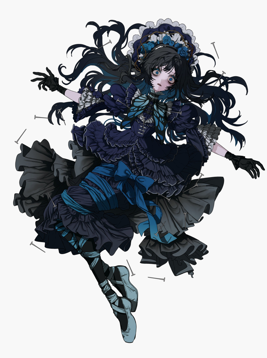 1girl, absurdres, ado_(utaite), aegyo_sal, black_gloves, black_hair, black_pantyhose, blue_dress
