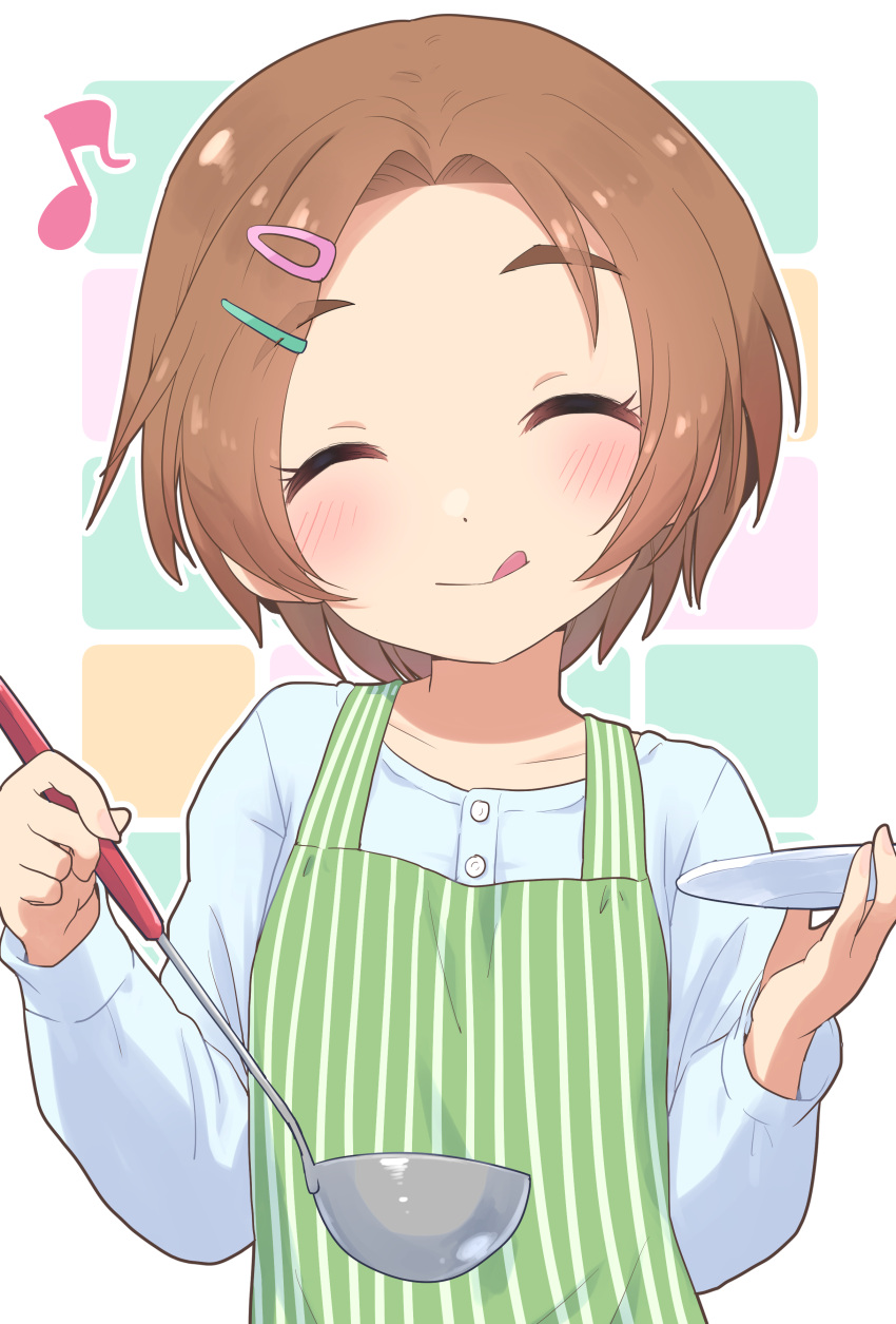 1girl, absurdres, apron, blue_shirt, blush, brown_hair, buttons, closed_eyes