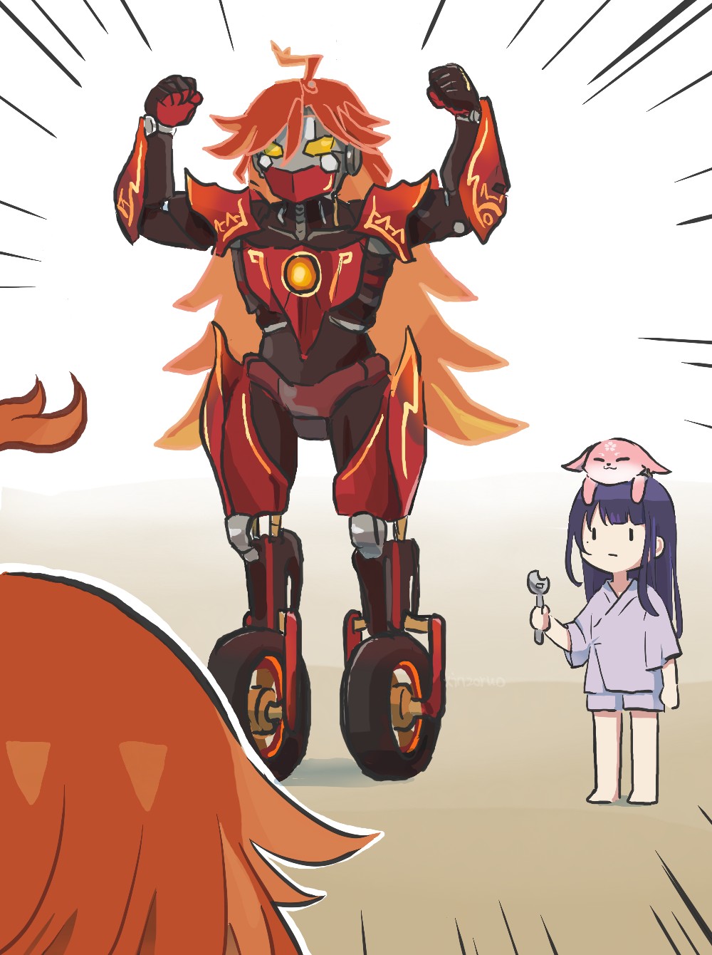 2girls, ahoge, animal_on_shoulder, commentary, emphasis_lines, english_commentary, expressionless, flamestrider_(genshin_impact)