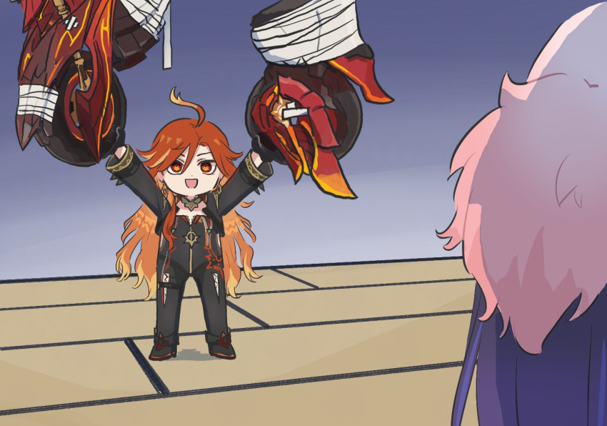 2girls, ahoge, animal_on_head, bandages, biker_clothes, black_bodysuit, black_gloves, black_jacket