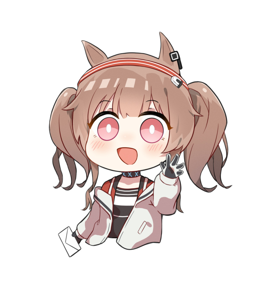 1girl, :d, absurdres, angelina_(arknights), animal_ears, arknights, arm_up, black_gloves