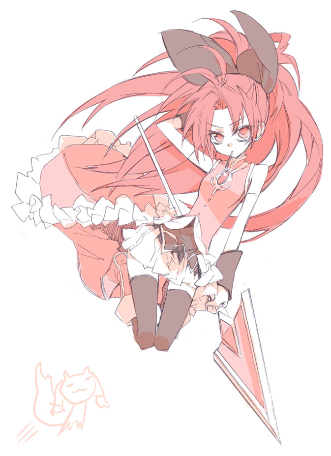detached_sleeves, dress, food, hair_bow, kyubey, long_hair, mahou_shoujo_madoka_magica, pocky