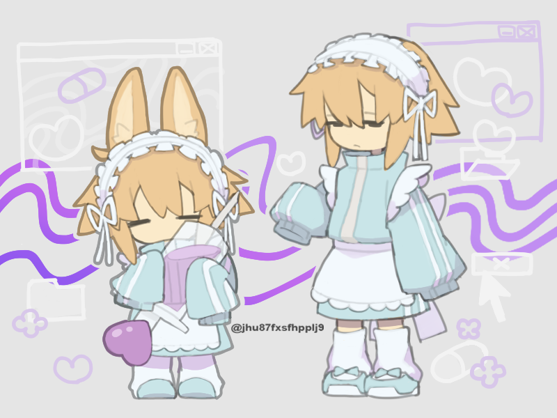 1girl, animal_ears, apron, blonde_hair, blue_shorts, chibi, closed_eyes, closed_mouth